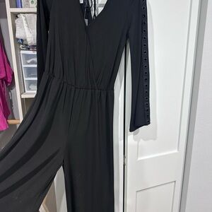 Ariella Black Long Sleeve V-Neck Jumpsuit with Eyelet Sleeve Detail